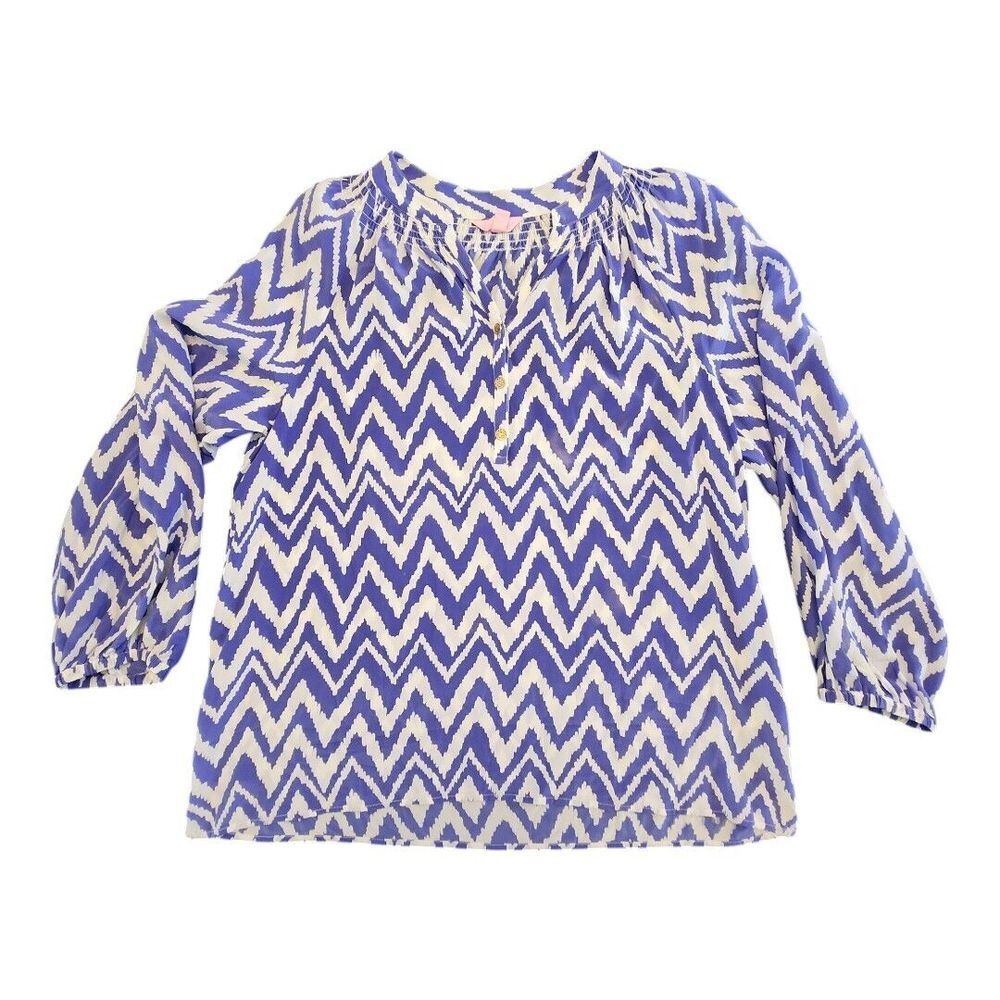 Lilly Pulitzer Elsa Silk Top Women Large Blue White Chevron Resort‎ Party Beach